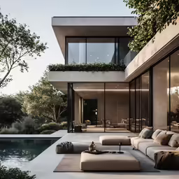 an outdoor living room with lots of furniture