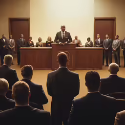 man standing in front of a meeting as other men sit behind a table