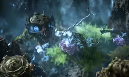 a demonic looking robot looks at plants in the jungle