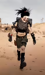a girl walking across a sandy field while wearing garb