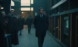 a man with a coat, a tie and suitcase in the hallway of an airport