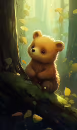 an animal sitting in the middle of a forest,a little brown teddy bear sitting on top of a tree in the forest