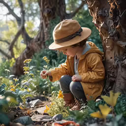 a boy sitting in a field, holding a flower, next to a tree