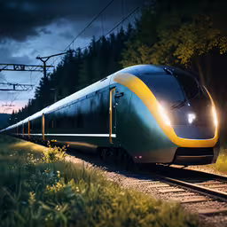 a train is sitting on a train track,a passenger train on an empty track surrounded by trees