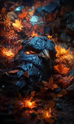 a large blue skull with orange eyes in the leaves