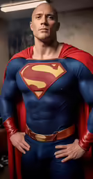 a man dressed as superman stands in front of a window