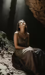 a woman sitting in the shade in the woods