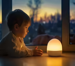 a little kid that is looking at a light