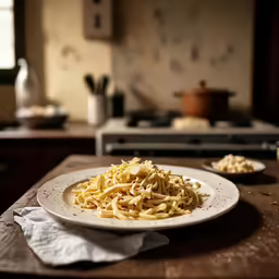 some pasta is on a plate with white napkins on a wooden table