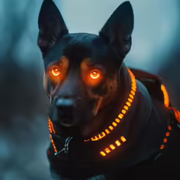 a dog with glowing eyes and leather jacket