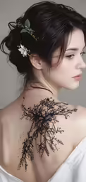 a woman with black hair with flowers on her back
