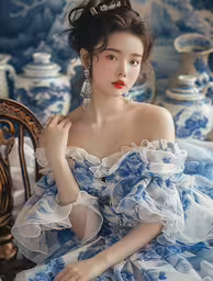 an asian woman wearing blue and white in front of some decorative containers,a young lady in a dress that is sitting on a chair