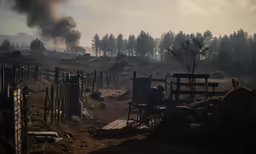 a forest filled with trees and fogy clouds of smoke