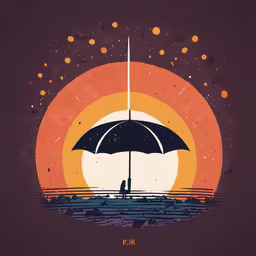the sun is setting, with an umbrella floating in the water,a graphic of a person sitting in the water under an umbrella