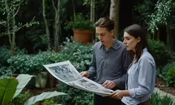 man and woman looking at a news paper in a tropical garden