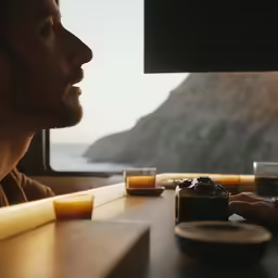 the man looks out of the window of a traveling bus
