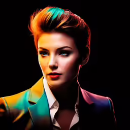 an artistic portrait of a young woman in a colorful suit