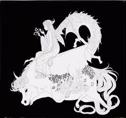 a woman riding a horse with a dragon on it,a drawing of a man on top of a dragon