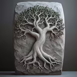a sculpture of a tree with large, white roots is shown