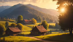 the sun sets over a rural ranch in the mountains,a photo of a landscape of some buildings in the mountains