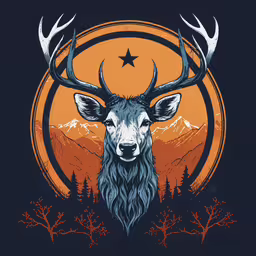 a stylized image of a horned deer in front of an orange sunset,the head of a deer that has two large horns and has mountains in the background