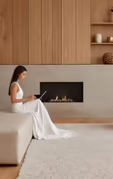 a woman sits on the floor in front of the fireplace