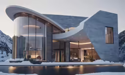 a house made with concrete and a waterfall at the entrance