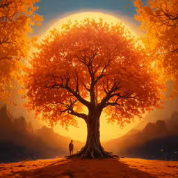 a man standing under an orange tree at sunset,a person sitting under a large tree in a field