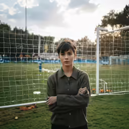 a man is standing next to a soccer ball