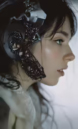 a woman is wearing a pair of headphones while she looks to the side