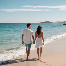 a man and woman walk along the water on a beach