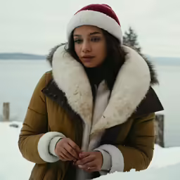 a young woman stands in the snow in her coat and hat