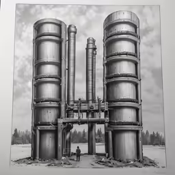 some old looking buildings with huge pipes