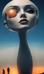 a futuristic, evil head with two men walking toward it