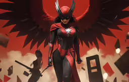 a woman in red and black outfit with a large wing on her head