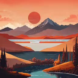 a painting shows an orange sunset over a lake,an illustrated illustration of a mountain with a lake at sunset