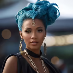 a woman with blue hair wears long, earrings and necklaces