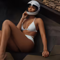 a women who is wearing a helmet and is sitting down