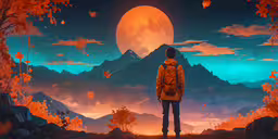 a man stands in the woods looking out at a moon,there is a person standing in front of a full moon