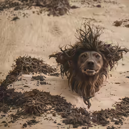 a dog is running through dirt with a lot of plants on his back