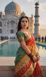 a beautiful young woman wearing a green and gold colored saree