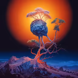 the tree is in front of the sun with mountains