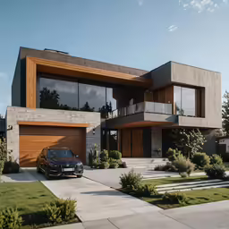 this is a black car parked in front of the modern home