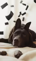 black dog lying on a bed under a black clock