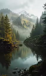 a foggy mountain landscape near a river and trees