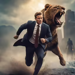 the man in the lion costume is running with his mouth open