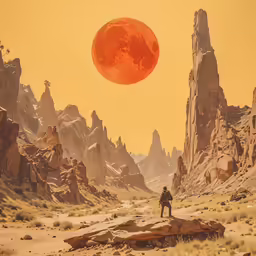 a man standing on a rock under a red planet