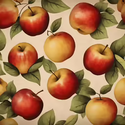 a large group of apples with leaves all on a white background