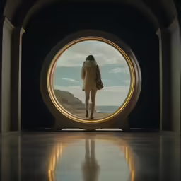 a woman looking out from an old circular window
