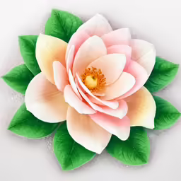 pink and yellow flower with green leaves on white background